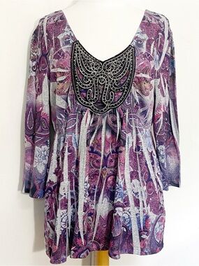 Style & Co Embellished Yoke Purple Paisley Gathered Under Bust Knit Tunic Top XL